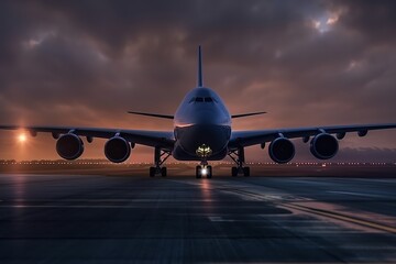 Huge plane on the runway at sunset. Atmospheric mood. Generative AI