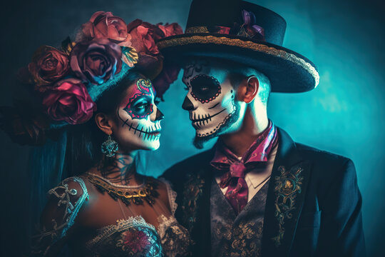 A man and a woman dressed up in day of the dead costumes. Generative AI. Day of the Dead traditional costumes and makeup