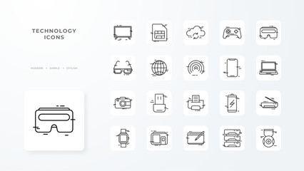 Technology icon collection with black outline style. internet, network, line, sign, business, set, computer. Vector Illustration