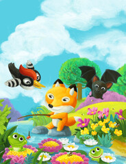 Obraz na płótnie Canvas cartoon fun scene forest animals friends together