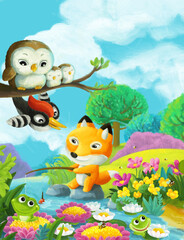 Fototapeta na wymiar cartoon scene forest animals fishing illustration