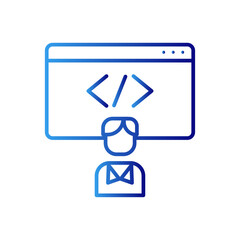 Developer technology icon with blue gradient outline style. creative, progress, human, search, data, coding, growth. Vector Illustration