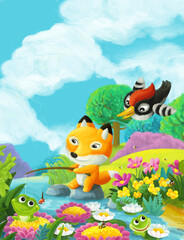 Fototapeta na wymiar cartoon scene forest animals friends fishing illustration