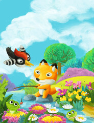 Obraz na płótnie Canvas cartoon scene forest animals friends fishing illustration