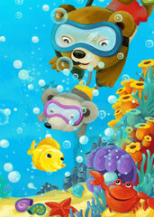 cartoon ocean scene coral reef forest animals diving
