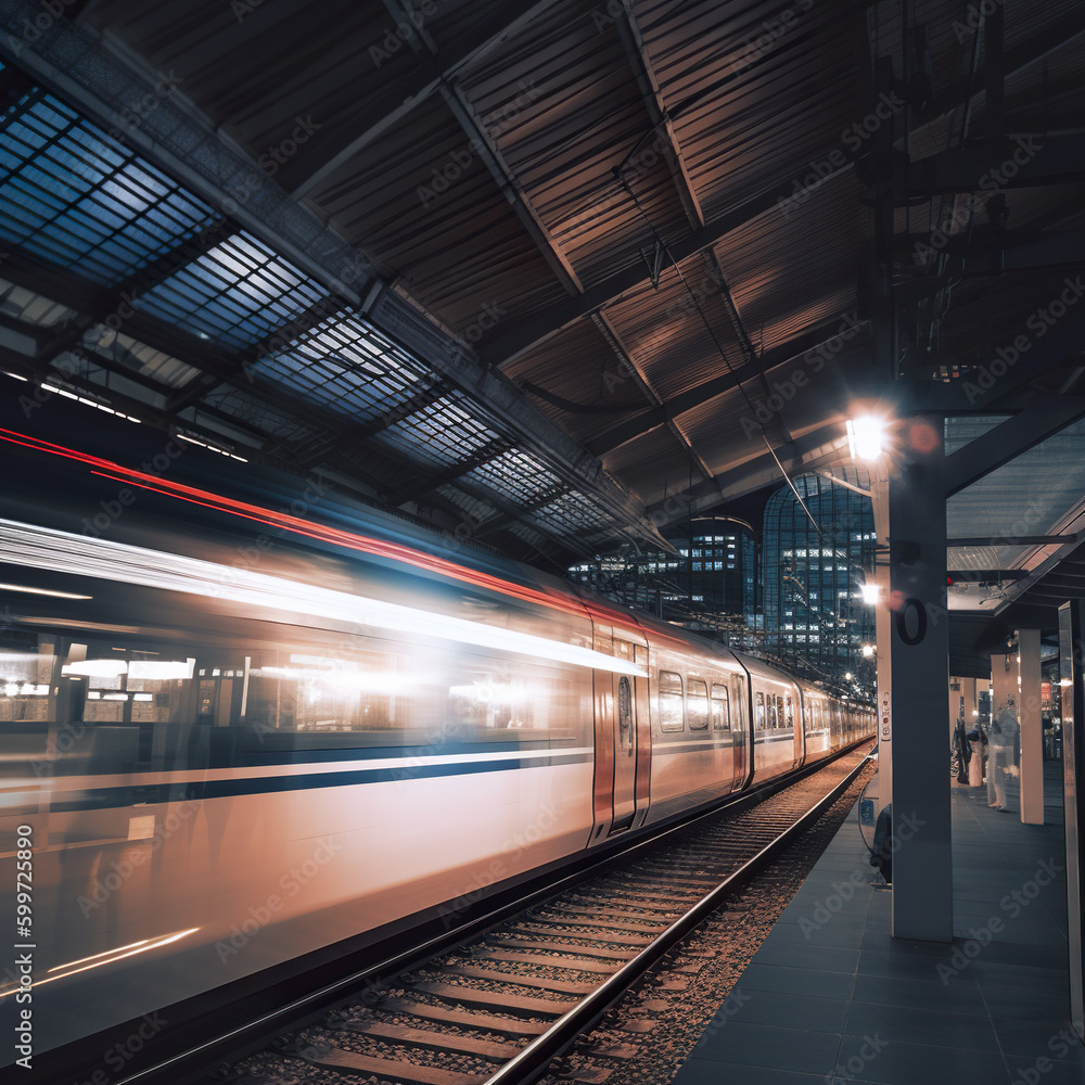 Poster a train is passing through a train station. generative ai.