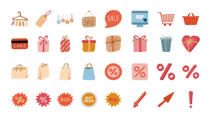 Shopping icon set about sale and discount in flat vector style. Hand drawn vector illustration