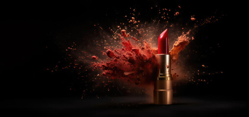 lipstick with powder burst for makeup advertisement products concept as wide banner with copyspace area - Generative AI