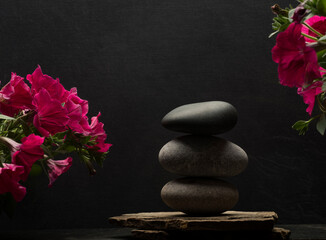 gray zen stones on a dark gray background with shadows for a podium background.a group of oval stones for product presentation
