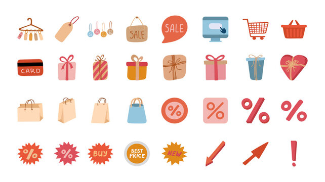 Shopping icon set about sale and discount in flat vector style. Hand drawn vector illustration