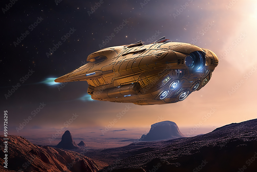 Poster a spaceship flying in the sky over a desert area. generative ai.