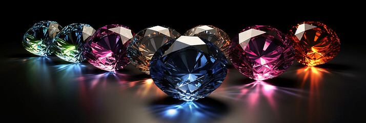 sparkling round cut diamonds laying in the upward diagonal spotlight on contrast black and light gray background. AI generative