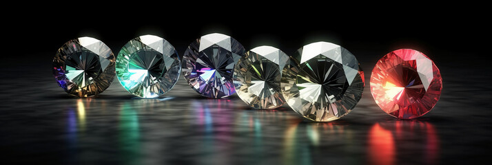 sparkling round cut diamonds laying in the upward diagonal spotlight on contrast black and light gray background. AI generative - obrazy, fototapety, plakaty