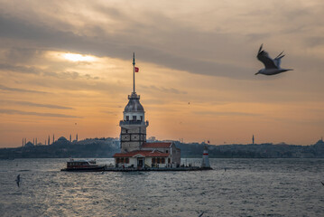 Maiden's Tower, built on an island in the Bosphorus, one of the architectural symbols of Istanbul and Turkey, and its photographs taken at sunset in different lights and colors