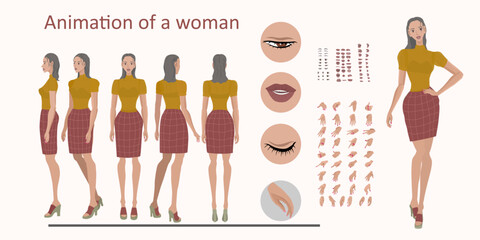 Woman character creator. Facial expression, hand gestures. Front, back, side and three-quarter view.
