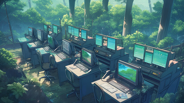 A bunch of computers sitting on top of a forest. Generative AI.