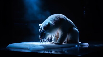 Ein Eisbär steht auf einer blau leuchtenden schmilzenden Eisscholle und sieht traurig und hilflos auf sie hinunter - obrazy, fototapety, plakaty