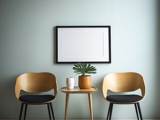 Interior of modern living room with two wooden chairs and picture frame. View of photo frame with interior home decor, Generative Ai