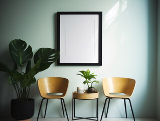 Interior of modern living room with white walls, wooden floor, comfortable beige armchairs standing near round table and vertical mock up poster frame. Generative Ai