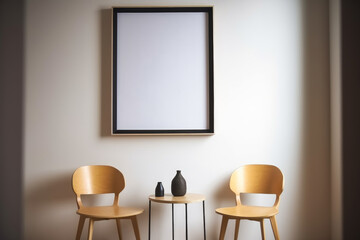 Interior of modern living room with white walls, wooden floor, comfortable beige armchairs standing near round table and vertical mock up poster frame. Generative Ai