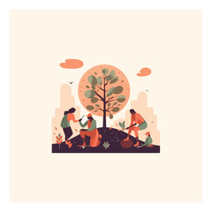 An illustration of people are planting trees,  save the earth from pollution. international forest day. modern flat color