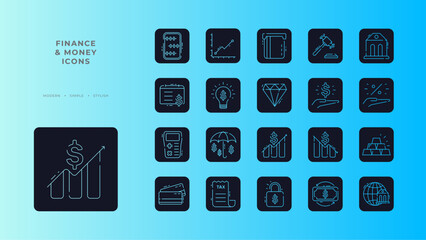 Finance and money icon collection with black filled line outline style. dollar, set, banking, currency, sign, wallet, exchange. Vector Illustration