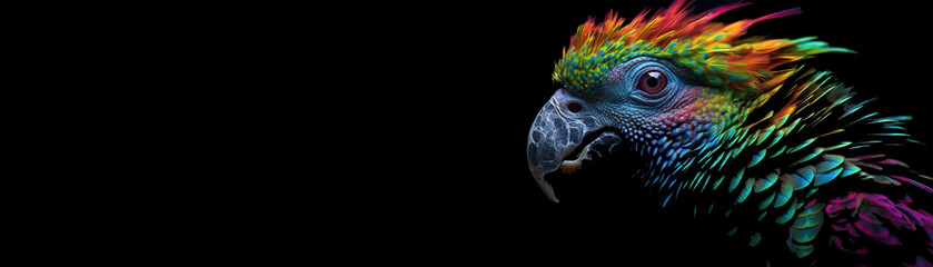 Colorful neon parrot on black background banner, created using generative ai