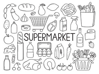 Supermarket products doodle set.  Grocery store in sketch style. Hand drawn vector illustration isolated on white background