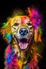 Smiling Dog jumping through colorful explosion powder. Generative Ai.