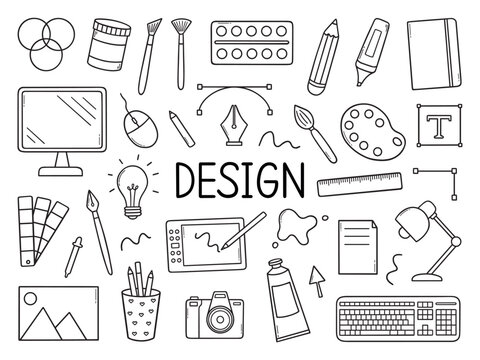 Graphic design doodle set. Designer work items and tools  sketch style. Hand drawn vector illustration isolated on white background