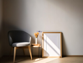 View of photo frame with interior home decor, Interior of living room with empty picture frame, chair and pampas grass. Mock up, Generative Ai
