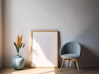 Interior of modern living room with empty picture frame, armchair and plant. Mock up, View of photo frame with interior home decor, Generative Ai