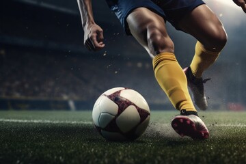 Close up of a soccer player kicking the ball created with generative AI technology.