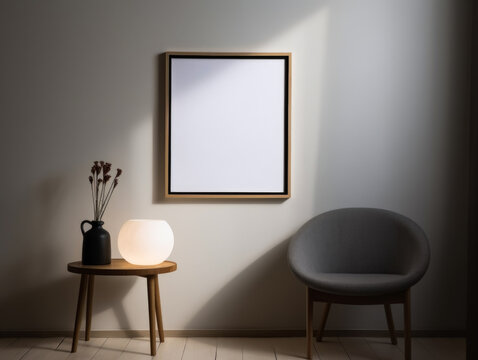 View of photo frame with interior home decor, Interior of living room with empty picture frame, chair and pampas grass. Mock up, Generative Ai