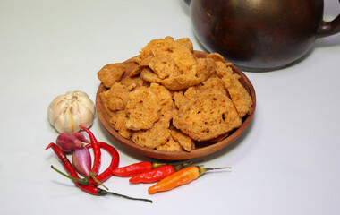 Basreng traditional food from Indonesia, made from sliced meatball, with salt and seasoning.