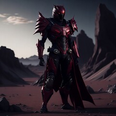 Fototapeta premium lord Z , powe ranger armor, dark red and blacksuit, full facemask, perfect proportion, Cyberpunk Edgerunner style, standing on asteroid , waves, distant view, 8K picture quality, shimmer, delicate pic