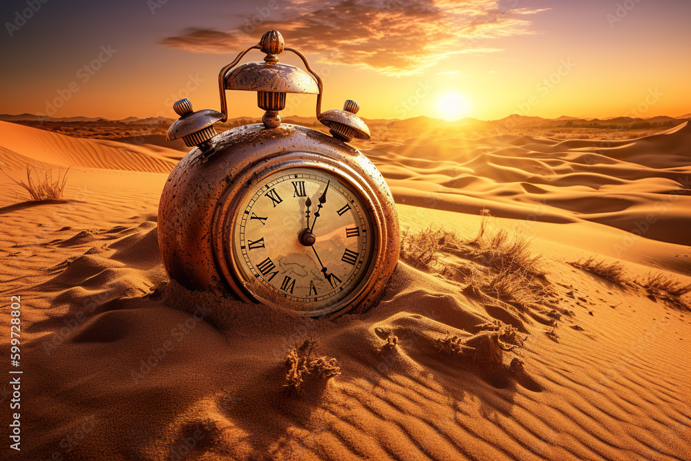 Poster a clock sitting in the middle of a desert. generative ai.