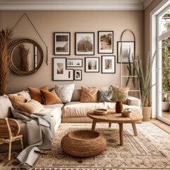 Gallery wall mockup in cozy living room interior, frame mockup, Generative Ai