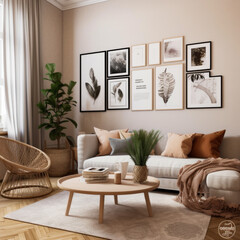 Gallery wall mockup in cozy living room interior, frame mockup, Generative Ai