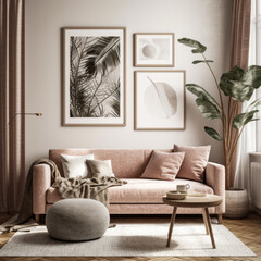 Gallery wall mockup in cozy living room interior, frame mockup, Generative Ai