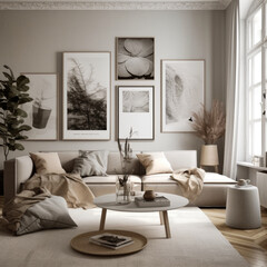 Gallery wall mockup in cozy living room interior, frame mockup, Generative Ai