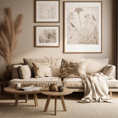 Gallery wall mockup in cozy living room interior, frame mockup, Generative Ai