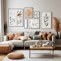 Gallery wall mockup in cozy living room interior, frame mockup, Generative Ai