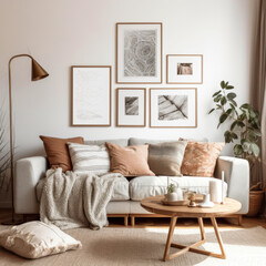 Gallery wall mockup in cozy living room interior, frame mockup, Generative Ai