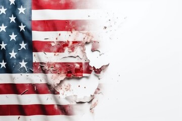 On a white background, the US flag. American flag with grunge texture with elements of blood, the concept of war. generative ai