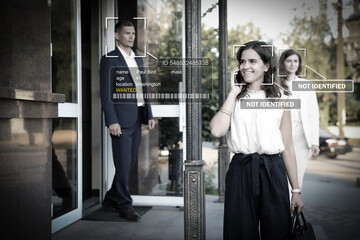 Facial recognition system identifying people on city street. AI giving personal data of man