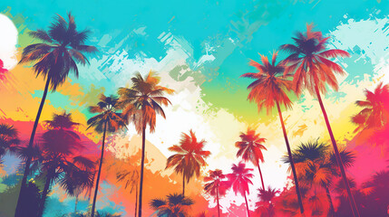 Fototapeta na wymiar A painting of palm trees against a colorful sky. Generative AI.