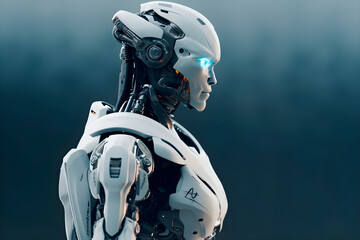 Futuristic white android made with metal and synthetic parts side view. Hi-tech AI robot.