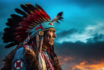 native americans wearing traditional clothes standing in front of sky, native american day, Generative AI - obrazy, fototapety, plakaty