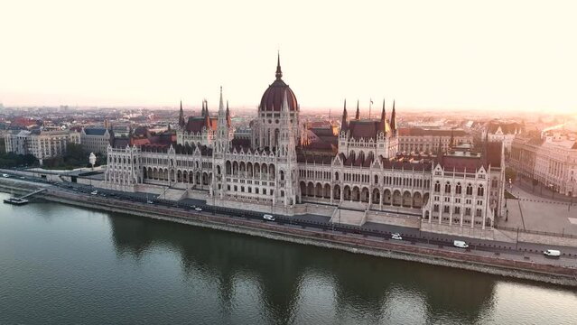 Aerial view of Budapest Parliament Building. Hungary Capital Cityscape at sunrise. Travel, tourism and European Political Landmark Destination